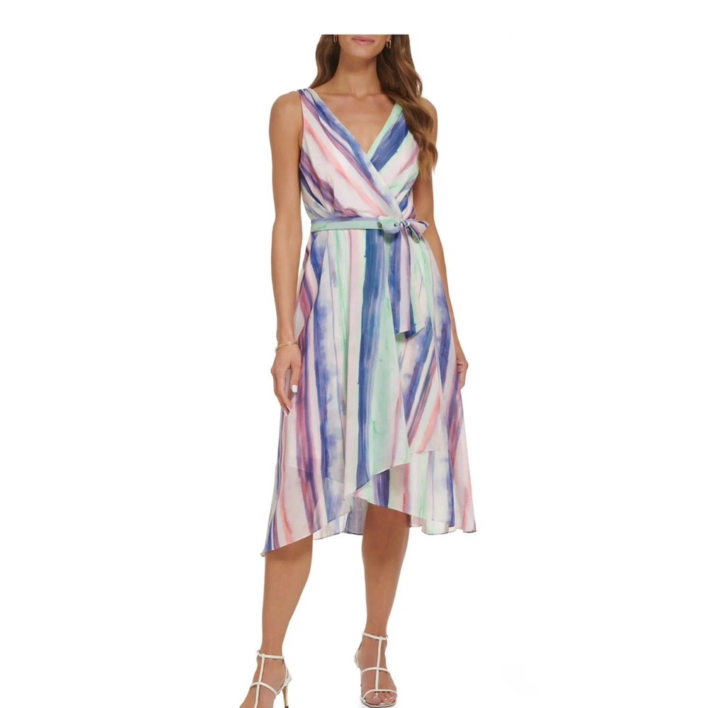 Dkny Blue and Pink Faux-Wrap Sundress Medium (#246) - Picture 3 of 11